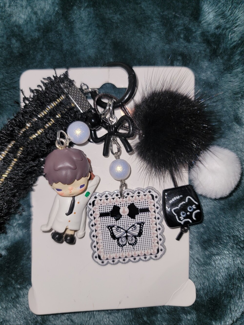 NWT-Custom Hirono inspired black & White Butterfly Keychain Charm w/Pom-Poms